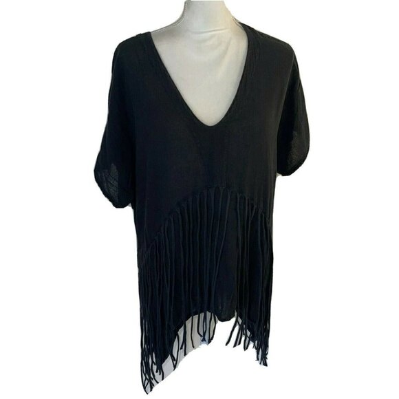 Abaca’ Tops - Abaca’ Tunic Womens Size 2 Black Vintage Cotton Fringe Cover Up Uneven Hemline